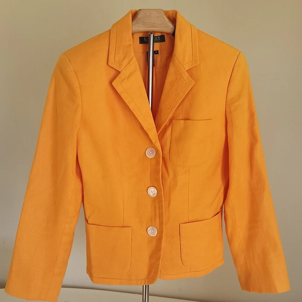 Lauren Ralph Lauren Hibicus Orange Linen Blazer. Size 6p - Picture 3 of 10
